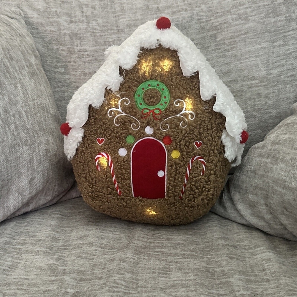 Peppermint Square Gingerbread House LED Light-up Holiday Throw Pillow